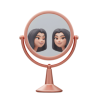 The cartoon woman is seen smiling in a rose gold vanity mirror, which can be used for self reflection. png