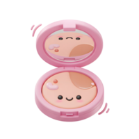 A pink blush compact with a happy face design and a mirror reflecting a grumpy face is shown, adding a whimsical touch to your makeup routine. png