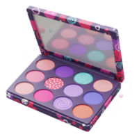 Open eye shadow palette features various round colors and patterns and a mirror, suitable for makeup application. png