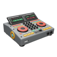 This is a cartoon DJ mixer with a sound wave display and multiple knobs, used for mixing and creating music. png