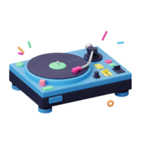A blue turntable with a black record plays music, surrounded by floating confetti, creating a festive atmosphere for entertainment. png