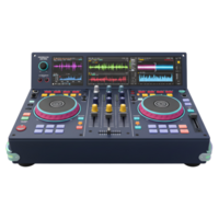 A dark blue DJ controller console features a digital display, knobs, buttons, and turntables, making it perfect for professional music production. png