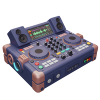 This is a colorful DJ mixer controller featuring knobs, buttons, a screen, and speakers, designed for creating and performing music. png