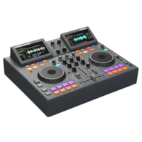 A gray DJ controller with two displays, knobs, buttons, and jog wheels sits against a plain background and is used for mixing audio. png