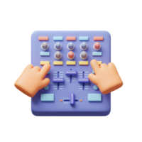A DJ mixer with two hands adjusting the controls, likely to be used for music production or live performances. png