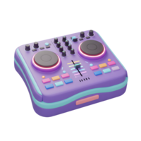 A purple and blue DJ mixer with knobs, buttons and turntables is shown in this illustration, and it's typically used for creating music and performing live. png