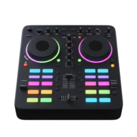 A sleek black DJ controller features round jog wheels and colorful button lights, perfect for creating and mixing music. png