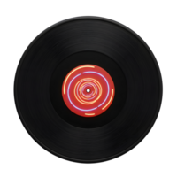 Black vinyl record features an abstract label with vibrant concentric circles, perfect for music-related projects. png