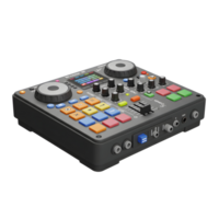 This is a compact DJ mixer featuring multiple buttons, knobs and a slider for creating and controlling music. png