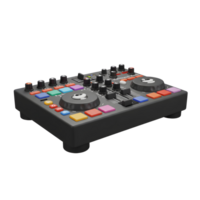 A black DJ mixer controller featuring various buttons, knobs, and sliders offers versatility in creating and mixing music for DJs and producers. png