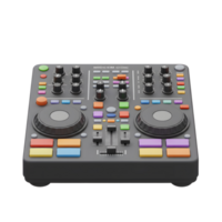 A front view of a black audio mixer with various colorful buttons and dials used to control sound and audio levels. png