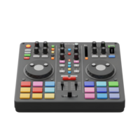 This DJ controller features a variety of knobs, sliders, and colorful pads for music production and live performance. png