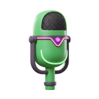A green cartoon microphone smiles with neon lights and a pink light, making it suitable for podcasting and recording. png