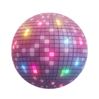 Close up disco ball reflects colorful light in a dark space to create a party mood. png
