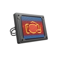 An LED sign displays a camera icon in red and orange, bordered by blue lights, ideal for attracting attention to photography-related businesses or services. png