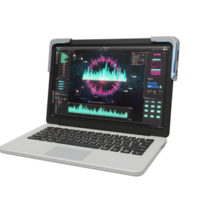 A laptop displays a complex digital interface with graphs and charts, showcasing advanced software for data visualization and analysis. png