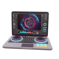 A laptop features a DJ mixer interface with illuminated dials and a screen displaying a futuristic, colorful graphic, perfect for music production or digital art creation. png