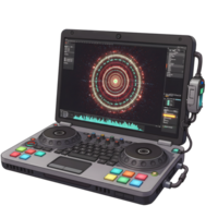 This modern DJ deck laptop features a sleek interface and visual equalizer for creating digital music mixes. png