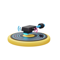 A 3D render depicts a turntable playing music with sound waves, showcasing its sleek design and creating an engaging atmosphere for digital applications. png