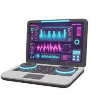 Laptop displays music software interface with neon colors, featuring various sound waves and audio levels, making it ideal for music production or DJing. png