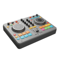 A gray DJ mixer controller with colorful buttons and knobs is seen at an angle for playing music. png