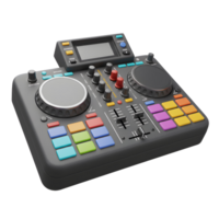 This is a black DJ controller featuring two jog wheels, several knobs, sliders, and colorful buttons, designed for creating and mixing music. png