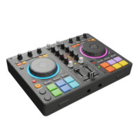 A gray DJ controller with colorful pads and knobs is used for mixing audio. png