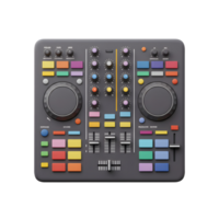 A colorful DJ mixer controller is displayed in a studio setting, which is used for mixing music tracks. png