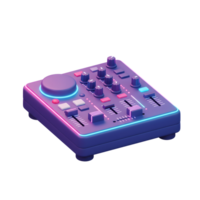 A purple neon DJ mixer controller features multiple buttons, knobs and sliders for controlling audio mixing, perfect for creating electronic music. png