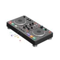 This is an image of a black DJ mixer turntable surrounded by colorful shapes, often used by DJs to create music. png
