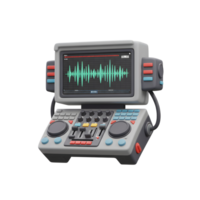 A 3D rendering of an audio mixer with a screen displaying a waveform, showcasing the equipment used for sound mixing and manipulation. png
