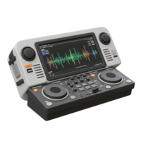 A 3D rendering displays a sleek DJ mixer featuring a waveform on the screen, useful for music production and live performances. png