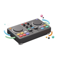A stylized DJ mixer controller features various knobs, buttons, and a slider, ideal for music creation and performance. png