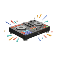 A dark gray DJ mixer featuring colorful buttons, sliders, and knobs is surrounded by abstract shapes, creating a dynamic image for use in music production. png