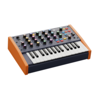 A gray synthesizer with colorful knobs and buttons sits against a white background, perfect for creating electronic music. png
