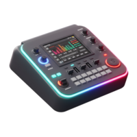 A black audio mixer is shown with illuminated controls, faders, buttons, and a display for controlling audio output. png
