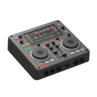 A gray DJ mixer features a screen display, knobs, buttons, and sliders and is a digital interface and has audio ports, making it ideal for music production and live performances. png