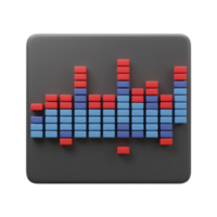A 3D render of a simple equalizer with red and blue bars, on a grey square platform, is used for visual representation of audio levels. png