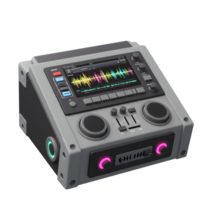 A gray audio mixing device features a colorful screen, buttons, knobs, and sliders, making it suitable for studio music production. png