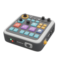 This is a close-up shot of a grey music mixing console with various colored buttons and black knobs, often utilized for sound editing. png