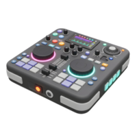 A modern DJ mixer is displayed with glowing knobs and buttons, demonstrating its functionality for music production and live performances. png