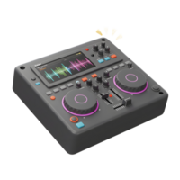 A gray DJ mixer featuring multiple knobs, a display screen, two jog wheels and sliders, is used for music production and live performances. png