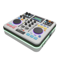 This DJ controller features knobs, buttons, sliders, and a screen for controlling music and creating mixes, making it suitable for music production. png