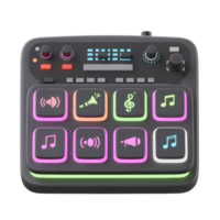 A black soundboard with colorful icons on its buttons and knobs is featured, making it useful for music production. png
