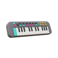 A gray synthesizer keyboard with colorful knobs and keys is shown in a 3D rendering, perfect for creating electronic music. png
