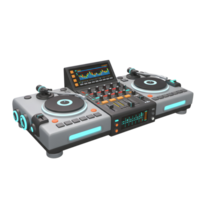 A futuristic audio mixer with turntables shows a sleek design, presenting a modern tool for music production. png