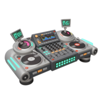 This 3D rendering shows a futuristic DJ mixer turntable machine with monitors, sliders, and buttons, which can be used for music production. png