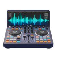 A detailed DJ mixer features two turntables, numerous knobs, sliders, buttons and an equalizer with a visualized sound wave, showcasing its functionality for creating music. png