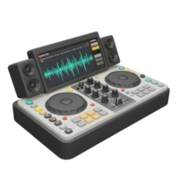 A DJ mixer is shown with a screen displaying waveforms and small speakers on each side, likely used for music mixing. png