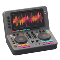 DJ deck displays an orange and pink waveform on its screen, complete with various knobs, buttons, and sliders for controlling the music. png